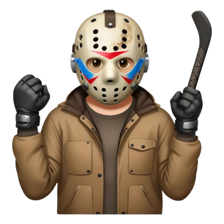 a cartoon image of Jason Voorhees, looking cute, with his hands clasped in front of him, at a sideways angle sticker