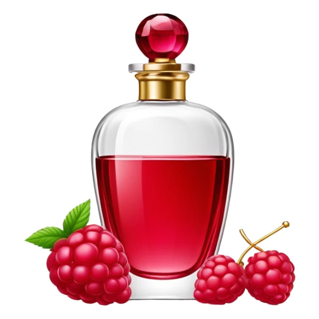 AVON women's perfume bottle next to a raspberry-shaped bottle sticker