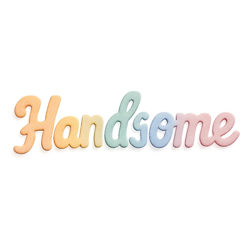 the word 'Handsome' in soft pastel rainbow colors, playful script font, kawaii style, no outline, 3D paper-craft effect sticker