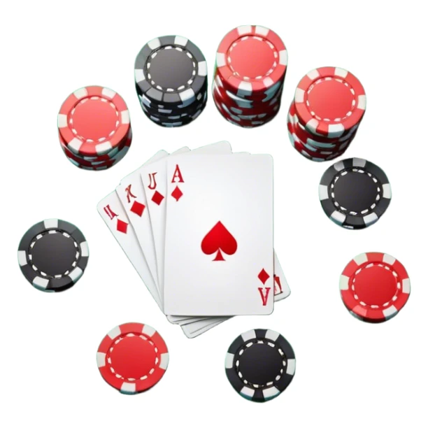 A photorealistic icon featuring playing cards and a stack of poker chips on a green felt table. Bright, detailed design with realistic textures and lighting. Transparent background, clearly symbolizing card games and strategy. sticker