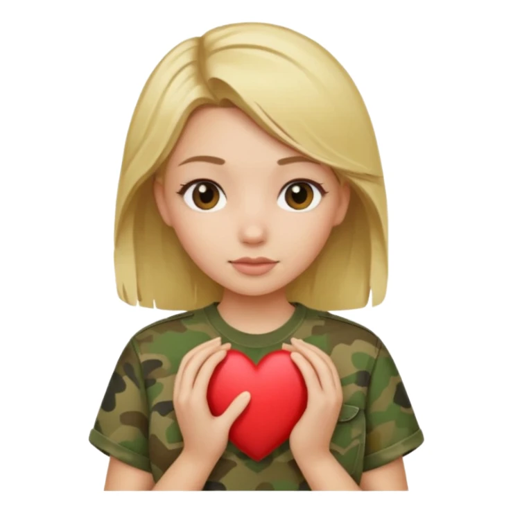 Blonde girl with olive shirt holding camo heart sticker
