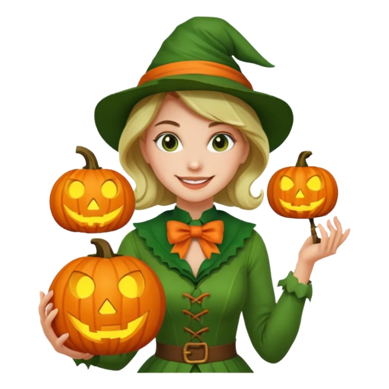 Woman Hunter With Jack o Lantern, wearing green costume, with bow sticker