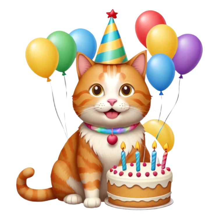 Ginger cat celebrates birthday, birthday hat, birthday cake, balloons, happy sticker