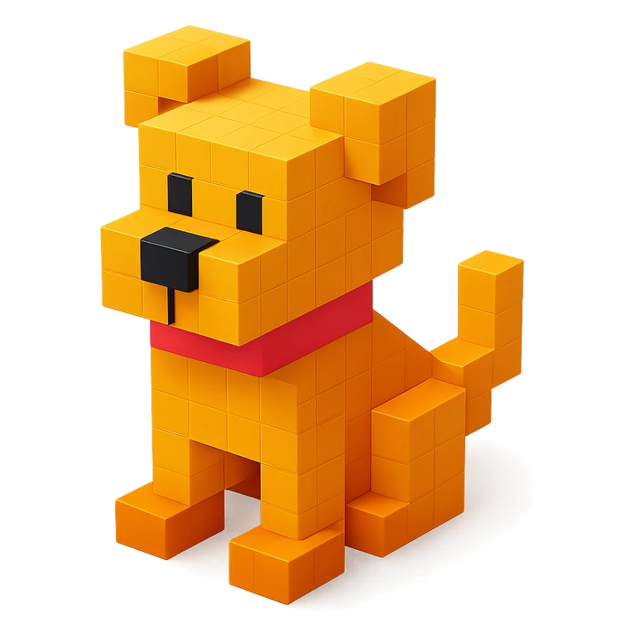 <SystemPrompt>
  <Style>
    <Name>Voxel Emoji Art</Name>
    <Description>A playful, isometric voxel style that mimics pixel art in 3D, commonly used for emojis, UI icons, and symbols. Rendered with bright, vibrant colors and soft shadows.</Description>
    <VisualRules>
      <Geometry>
        <BaseUnit>Cube</BaseUnit>
        <GridAlignment>Isometric</GridAlignment>
        <VoxelSize>Consistent</VoxelSize>
      </Geometry>
      <Color>
        <Palette>Vivid and High Saturation</Palette>
        <Gradient>Allowed on faces for subtle lighting</Gradient>
      </Color>
      <Lighting>
        <Style>Soft studio lighting</Style>
        <Shadows>Subtle ambient shadows</Shadows>
      </Lighting>
      <Detailing>
        <Outline>None</Outline>
        <Texture>Flat color (no texture noise)</Texture>
        <Effects>None</Effects>
      </Detailing>
    </VisualRules>
  </Style>
  <Generation>
    <PromptTemplate>
      <![CDATA[
        Render a voxel-style 3D illustration of a {subject}, using bright colors and blocky pixelated geometry. The object should appear playful and clean, similar to emoji aesthetics, with soft shadows and no outlines. Lighting should enhance the 3D depth without harsh contrast.
      ]]>
    </PromptTemplate>
  </Generation>
</SystemPrompt>

{subject} = dog sticker