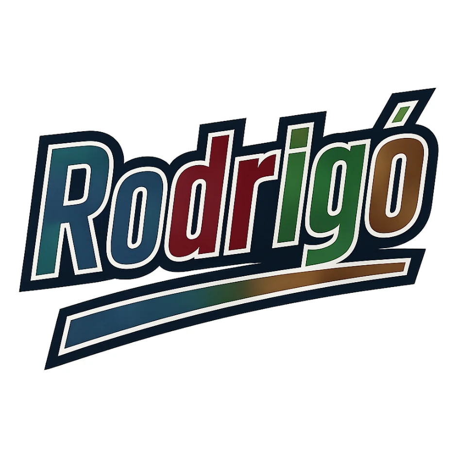 The name 'Rodrigó' in a masculine, modern font with gradient colors including blue, gray, burgundy, green, and brown. The text uses precise Hungarian characters, has a dark outline, extra thick and prominent white letter border, and a dynamic slanted underline. Image size 1000x1000 px, PNG format, transparent background. sticker