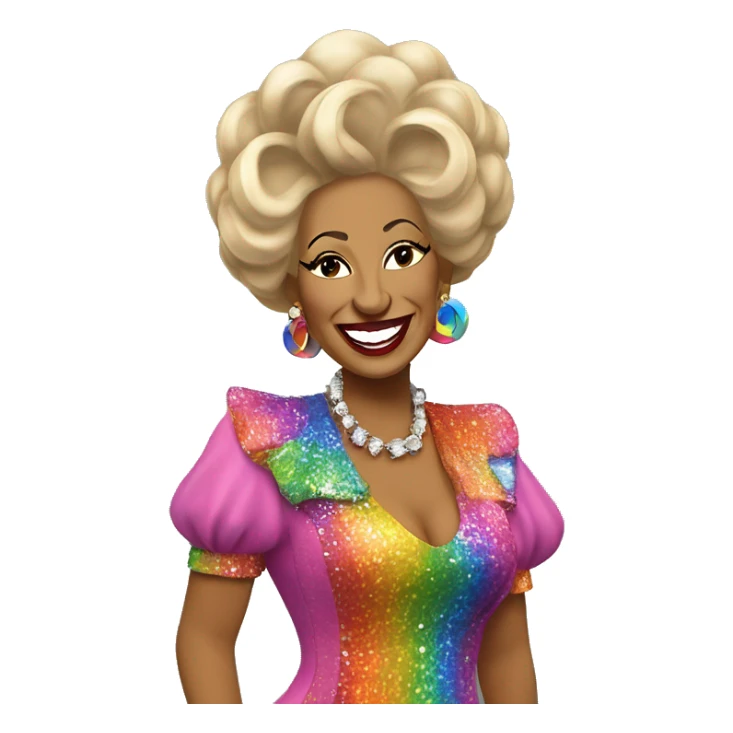 “Celia Cruz in a colorful outfit, smiling and performing with musical notes around her.” sticker