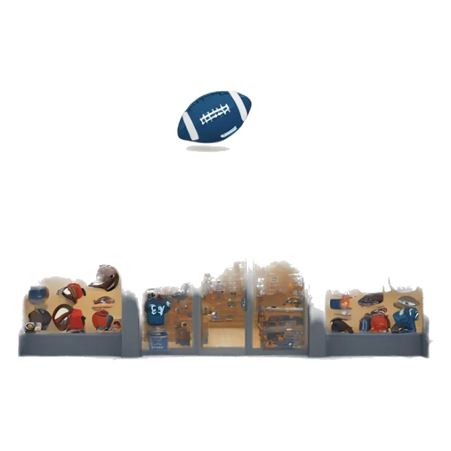 “Football store exterior with bold signage, large windows showcasing football gear, jerseys, and accessories, and a dynamic, athletic design reflecting the energy of the sport.” sticker