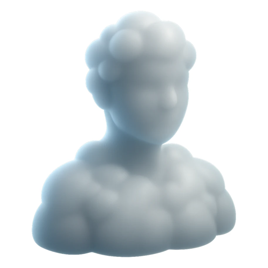 person made of white voluminous clouds, shoulder up, front view, matte glass style sticker