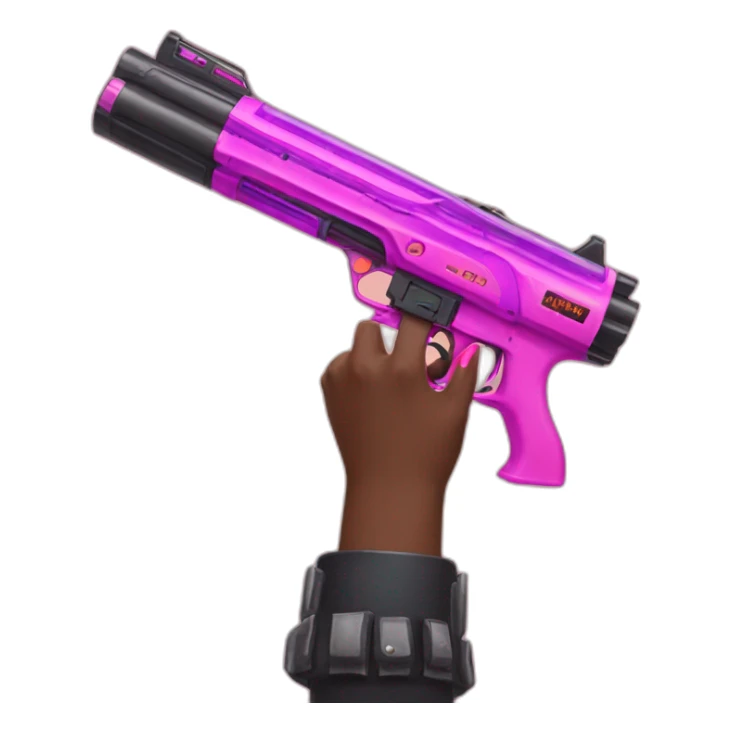 brown hand with pink nails holding large scary dark nerf gun sticker
