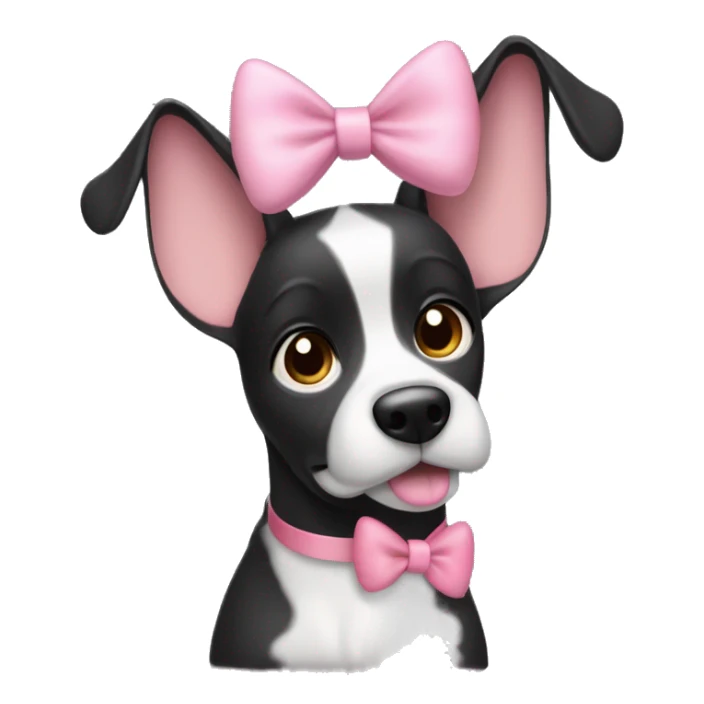 Hi please generate a black dog with big ears that are up and white around her nose and white eyebrows brown eyes and a cute pink bow sticker