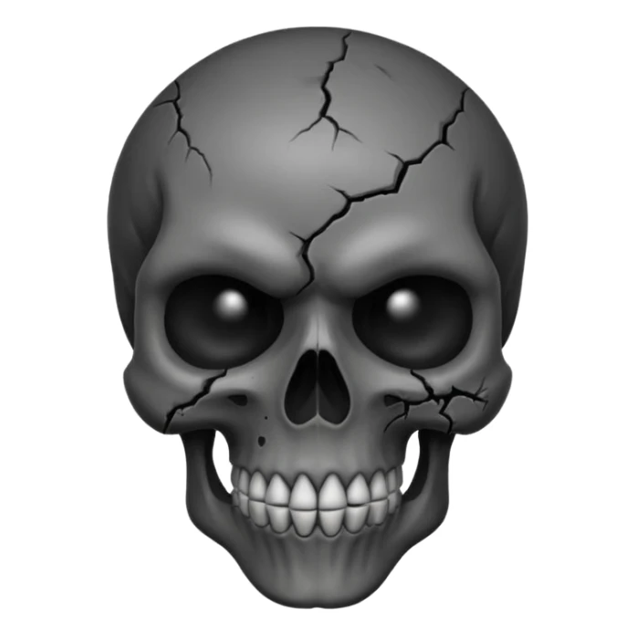 iOS style emoji, dark fantasy skull, cracks, black smoke from eyes, soft light, stylized sticker