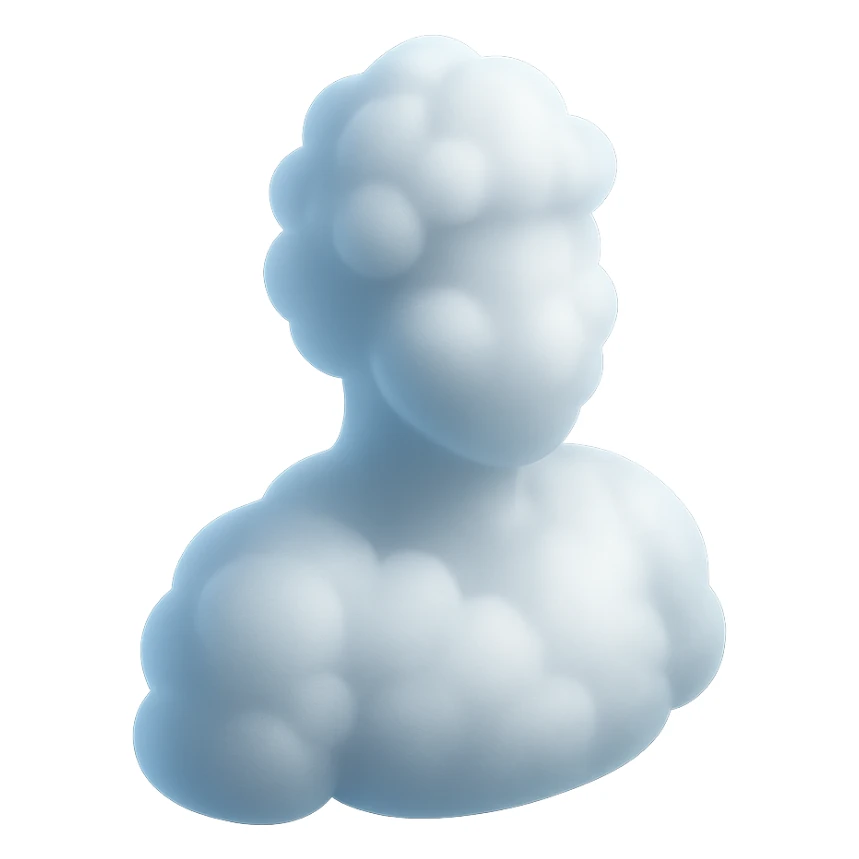 person made entirely of white fluffy convex clouds, shoulder up, front view, matte glass style sticker