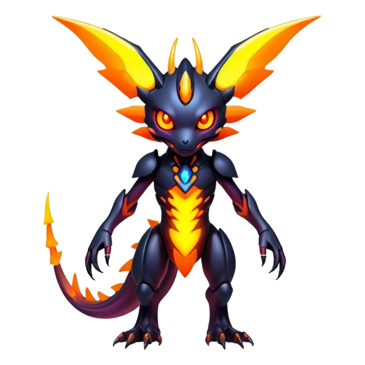 futuristic dark shadowy evil neon-glowing warm-colored Fakémon-Digimon-hybrid-creature (full body) sticker