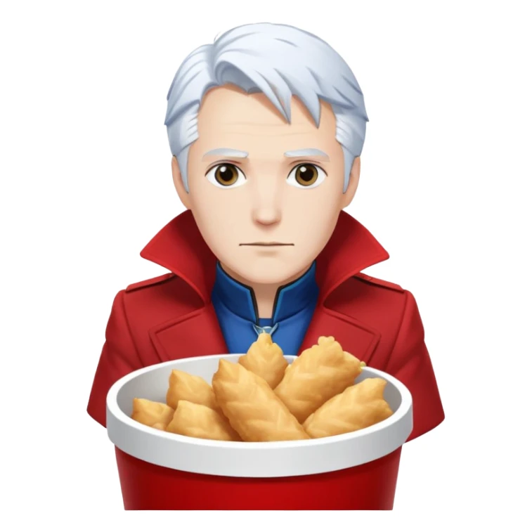 Dante and Vergil from Devil May Cry sitting together in a KFC family bucket, Dante in red coat, Vergil in blue coat, both with white hair sticker