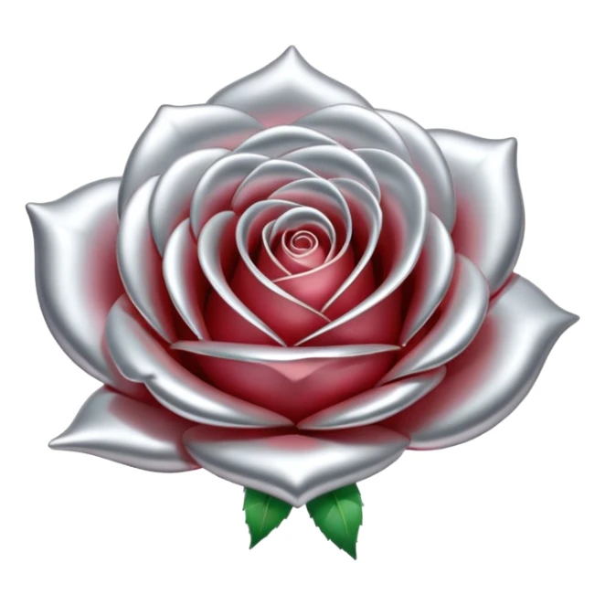A rose emoji made of liquid silver metal, smooth metallic petals, reflective chrome surface, soft gradients, elegant shape, minimalistic iOS emoji style, centered, clean white background, realistic highlights, no text sticker