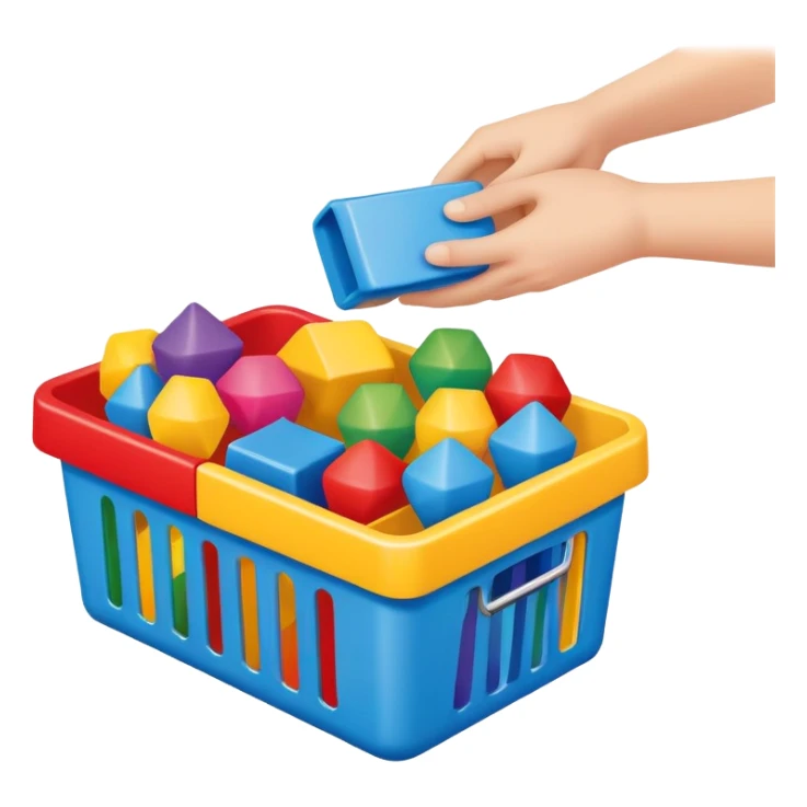 hands placing colorful toys into a storage bin, simple and friendly sticker