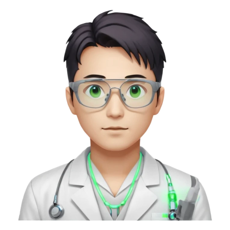 Cyberpunk scientist, Japanese male, high-tech glasses, glowing data reflection on lenses, lab coat collar, neural interface on temple, white neon lighting sticker