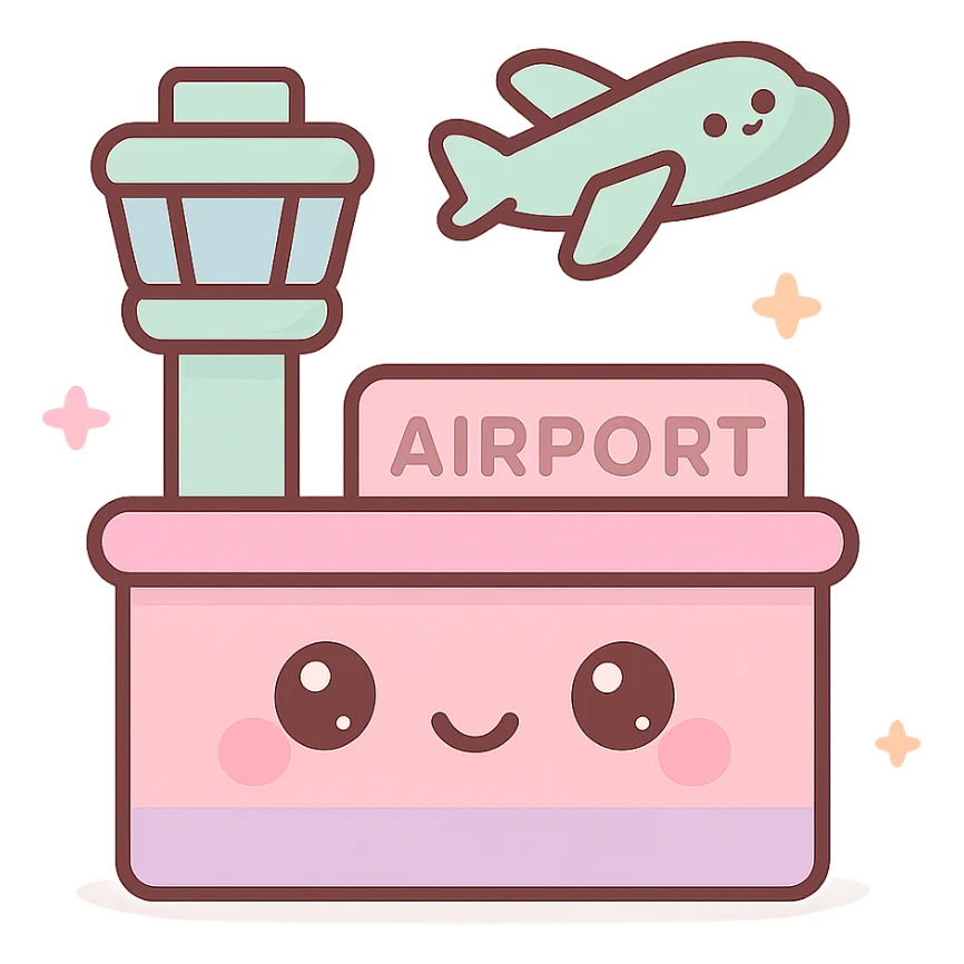 airport building, kawaii chibi anime style, flat pastel colors, thick outlines, simple cute features sticker