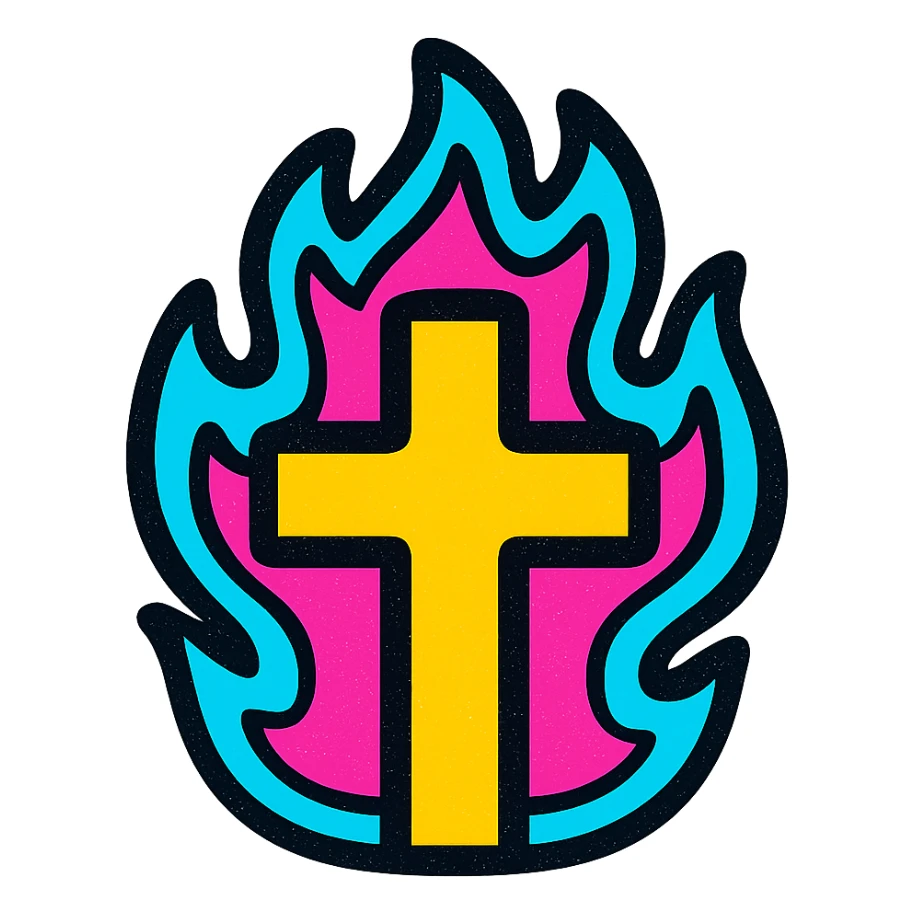 small cross with flames, glowing energetic emoji style sticker