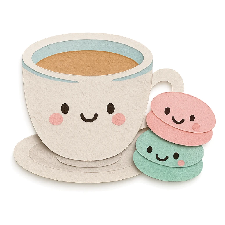 coffee cup with macarons, all with cute faces, soft pastel colors, hand-drawn style sticker