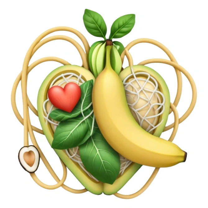 Banana, avocado, potato, spinach, coconut, white beans, and melon surrounding a glowing heart and nervous system network. Gentle electrical waves flow from the foods to the organs and muscles, illustrating how potassium maintains fluid balance and electrical stability throughout the body. sticker