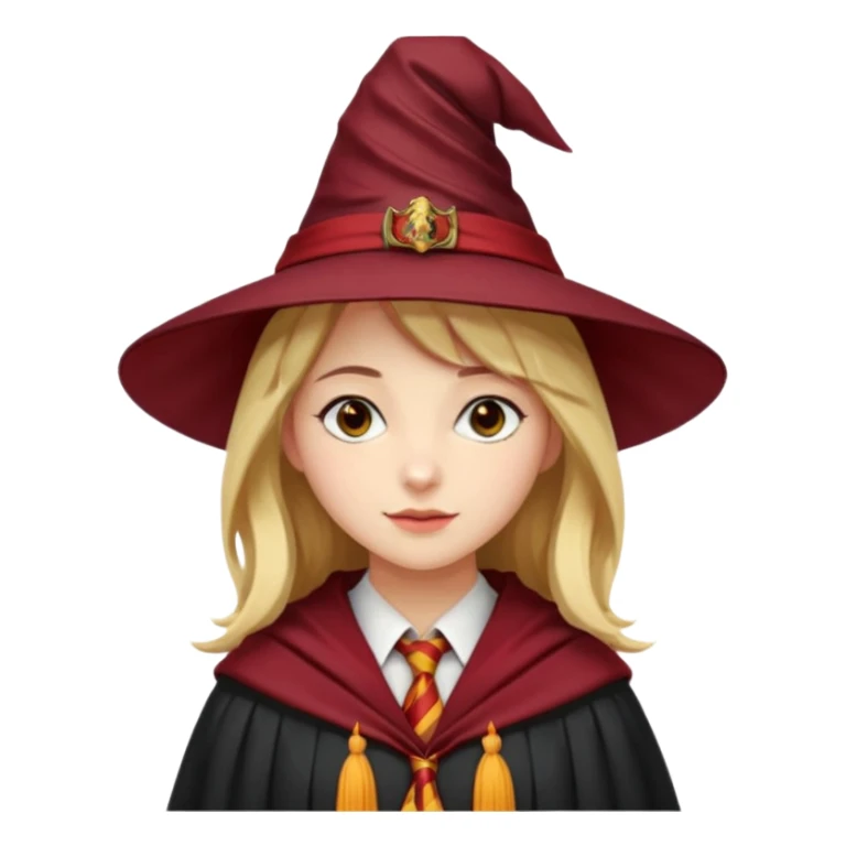 A young woman wearing a classic witch’s hat, red tie, and wizarding robes. This outfit suggests she's a student from Gryffindor House (from the Harry Potter universe), as the red tie is a signature detail of that house's uniform. sticker