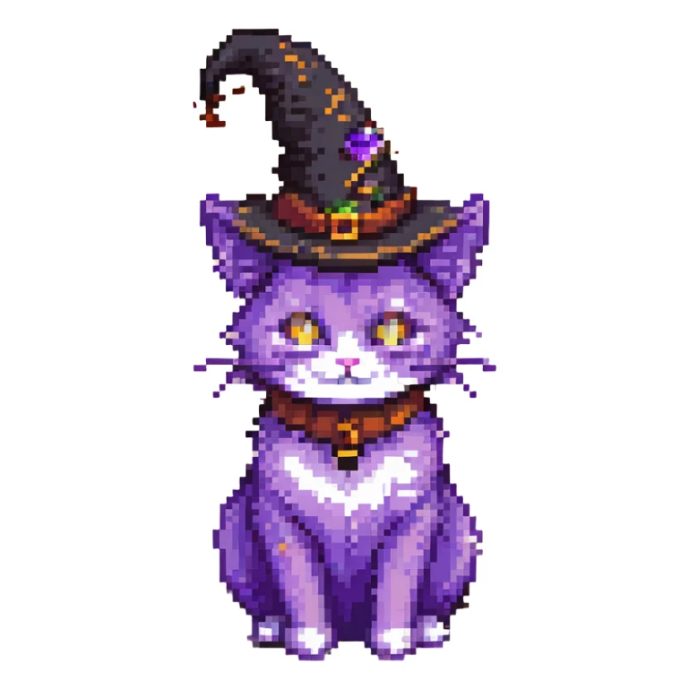 cute pixel art cat with purple fur and a witch hat sticker