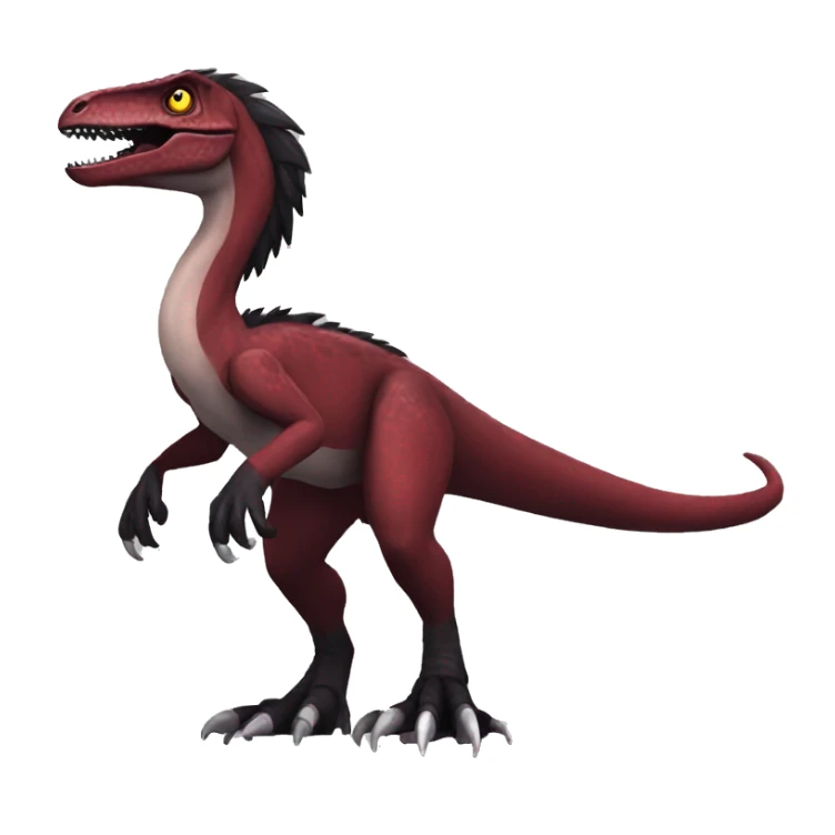 Cool edgy handsome Maroon-colored velociraptor with a black tousled mane on head and back, full body sticker