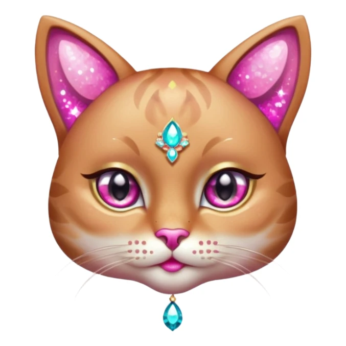 glamorous cat portrait, head and shoulders only, exaggerated pink makeup, bright eyeshadow, long eyelashes, shiny blush cheeks, sparkling face gems, glitter accents, elegant earrings, fantasy beauty style, cute 3D cartoon, mobile game icon style, clean background, no text, no watermark
 sticker