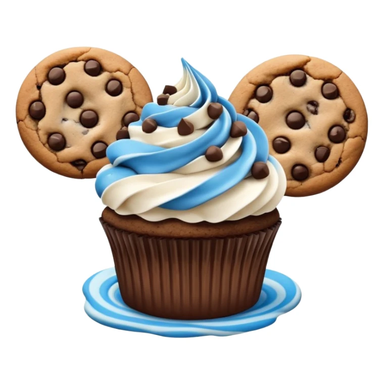 Chocolate cupcake with white and blue mixed frosting with a chocolate chip cookie on top  sticker