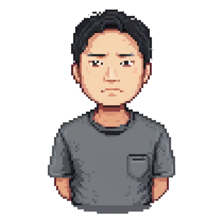 Asian man in a gray shirt with a frown sticker