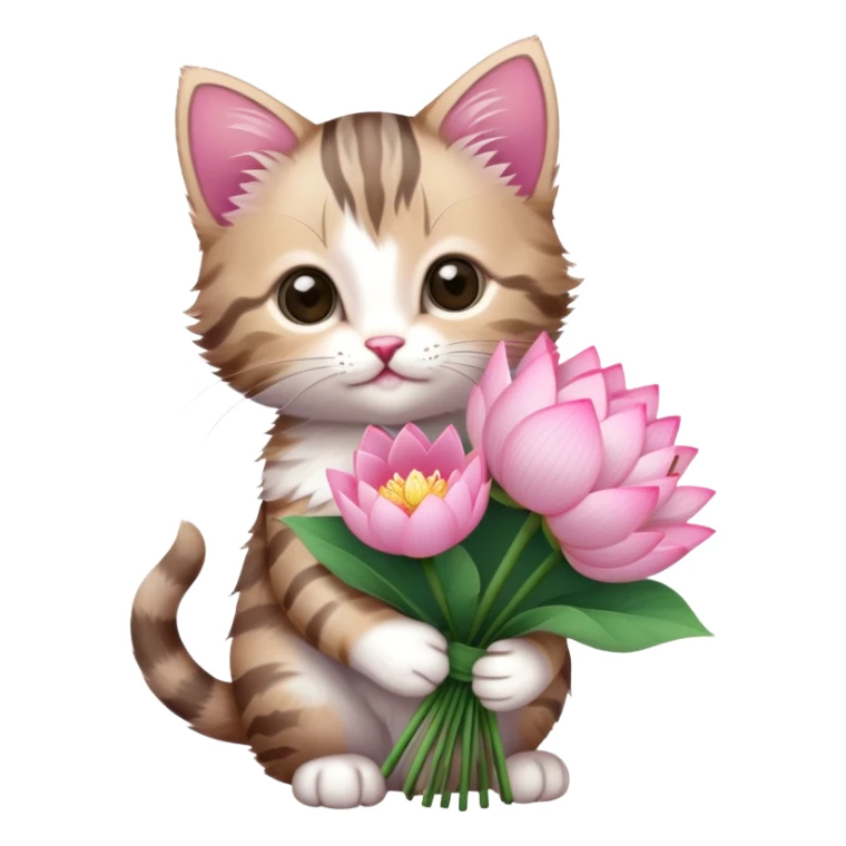 Kitten holding a bouquet of lotus flowers sticker