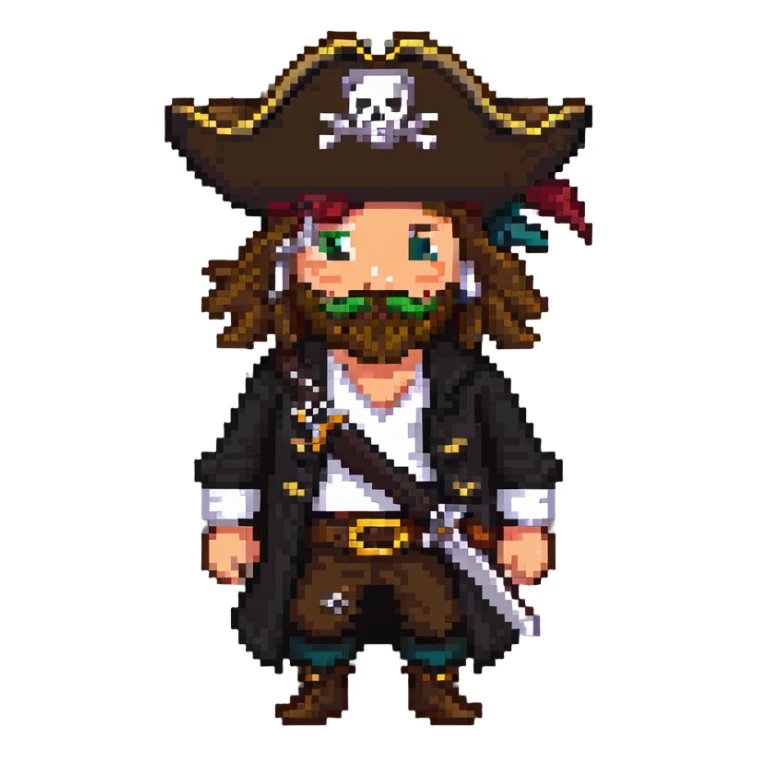 pixel art pirate with beard and tricorn hat sticker
