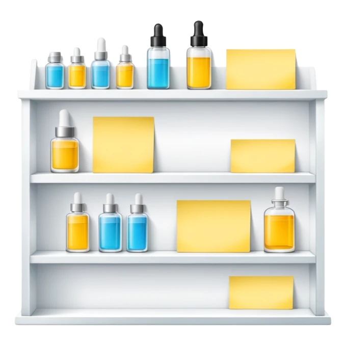 big long white shelf with luxury brand serum and big sticky note sticker