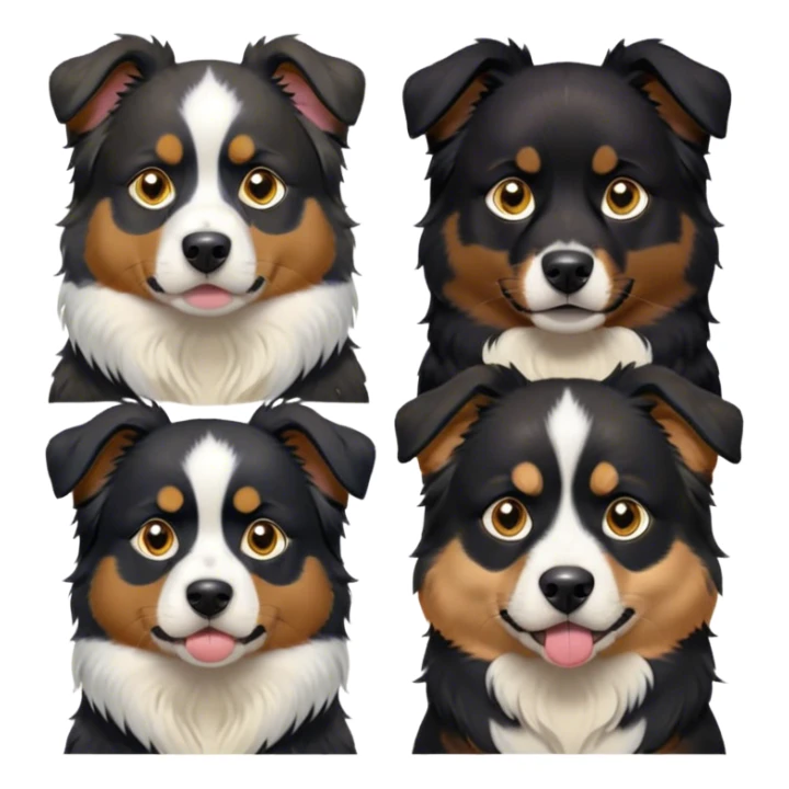 Cinematic Meme-Worthy Grumpy Black Tri Australian Shepherd Portrait Emoji, Head held high but eyes filled with dramatic disappointment, smooth black fur with distinctive white and tan patches, deeply furrowed brow forming an unmistakable scowl, floppy ears slightly angled back in disapproval, piercing dark eyes glaring with pure exasperation, Simplified yet hilariously over-exaggerated features, highly detailed, glowing with an aura of supreme annoyance, high shine, exhausted yet judgmental, stylized with an almost regal pettiness, bright but brooding, soft glowing outline, capturing the essence of a pup that has seen it all and is thoroughly unimpressed, so meme-worthy it feels like it could instantly become the next viral sensation of grumpiness! sticker