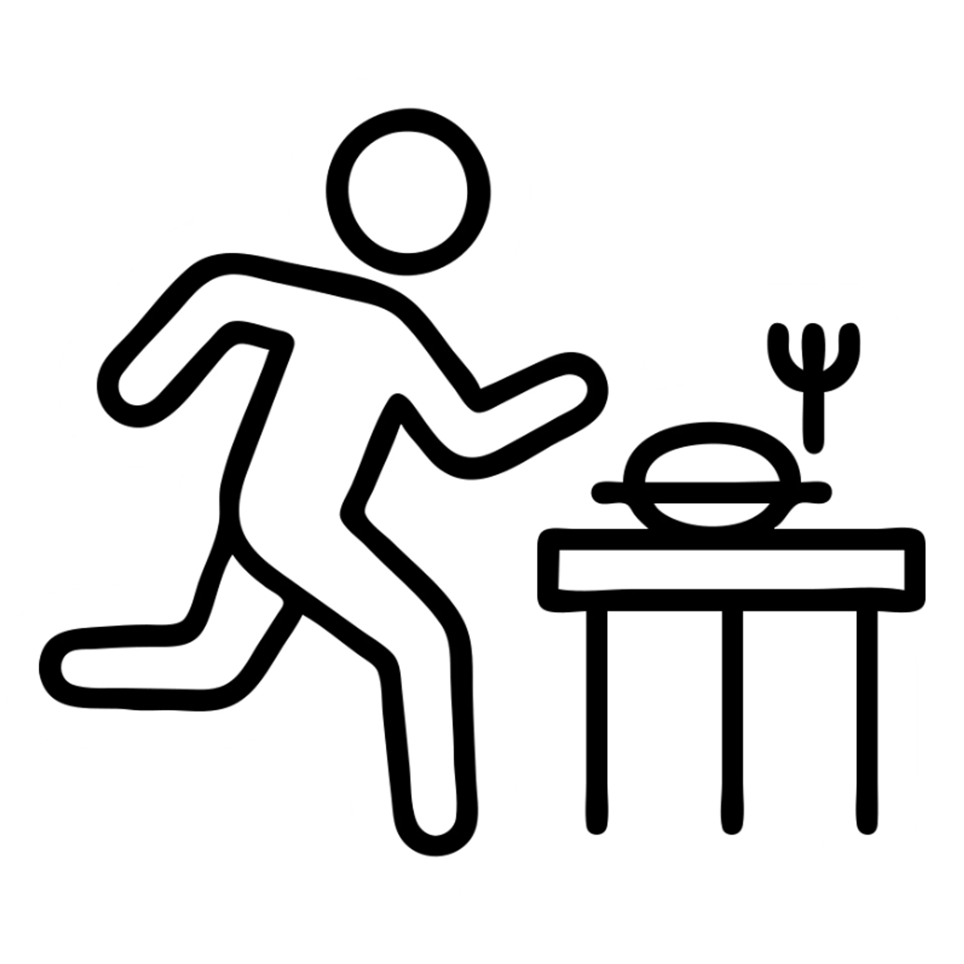 dine and dash, simple icon style, a person running away from a restaurant table with a plate, minimal lines, clear action sticker
