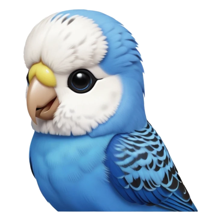 cinematic-cute-blue-budgie-portrait-emoji,-head-tilted-playfully-and-inquisitively,-featuring-a-brilliant-blue-feathered-fur-and white and black feathered face-with-a-natural-sheen,-round,-sparkling-dark-eyes-filled-with-curiosity,-simplified-yet-irresistibly-adorable sticker