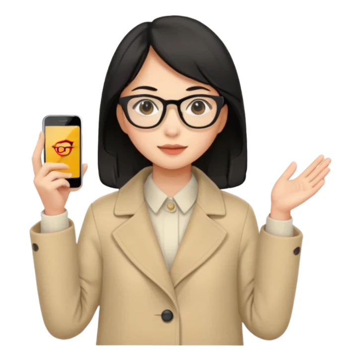 asian young woman black-haired in beige coat with glasses sticker