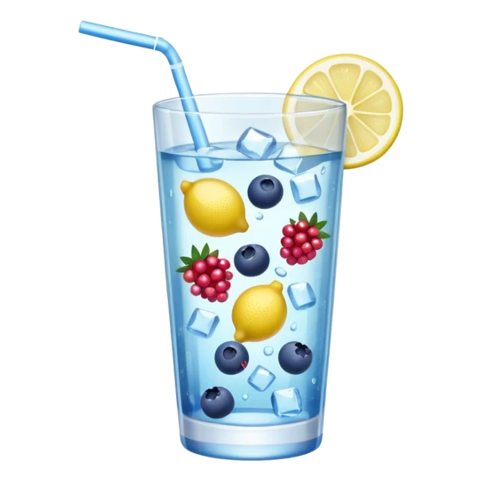 refreshing drink of water with berries, lemon, and ice, emoji style sticker