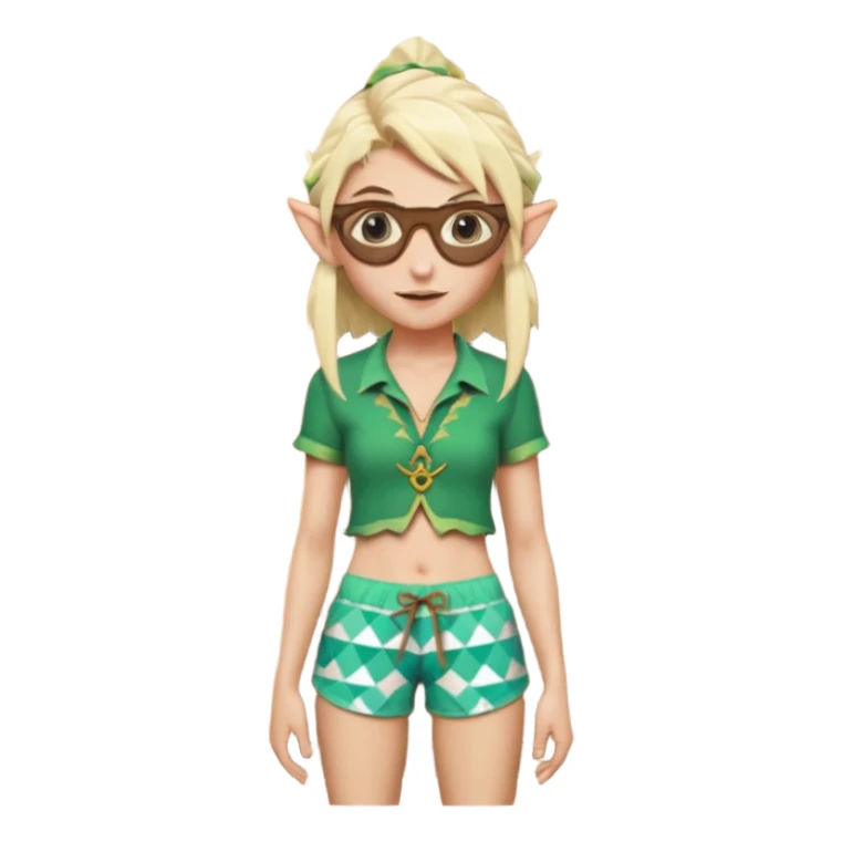 elf female legolas portrait, patterned board shorts (geometric/abstract), unique wooden-framed sunglasses, undercut hairstyle, slight smirk, visible pointy ears, no background, centered emoji, hipster summer vibe sticker