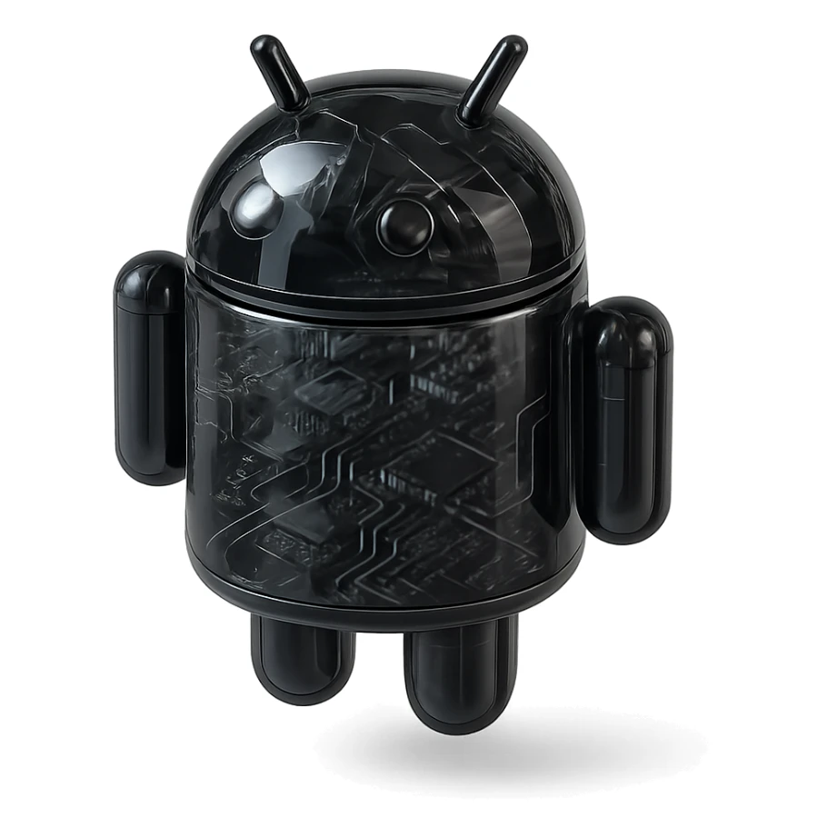 android robot, black, high-gloss finish, futuristic, glossy circuit style sticker
