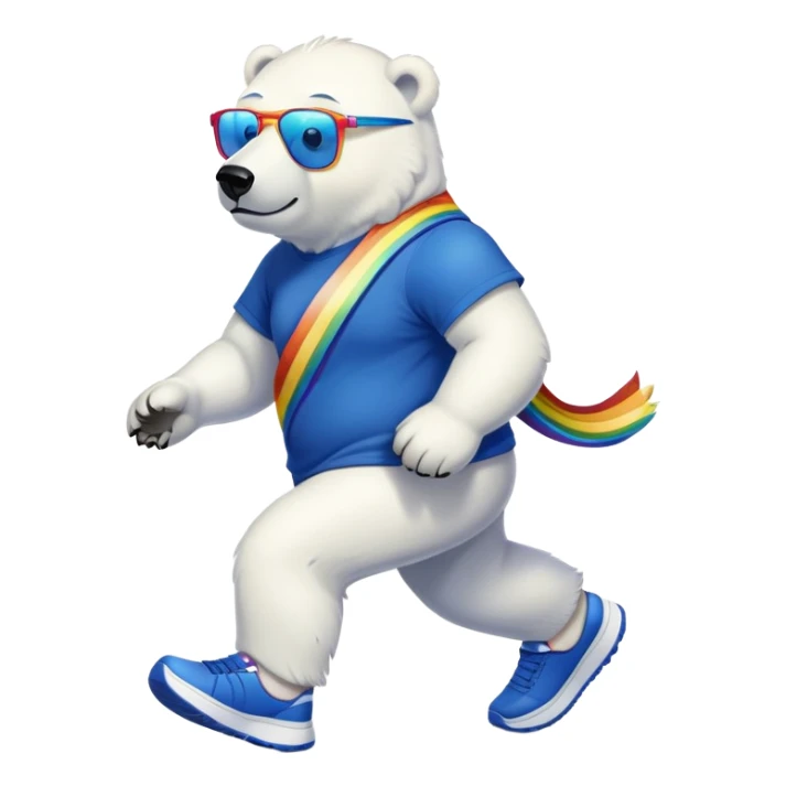strong-looking friendly anthropomorphised polar bear walking with a confident stride, wearing a royal blue t-shirt, black pants, trainers, and colorful rainbow glasses sticker