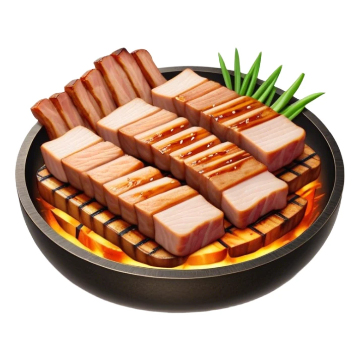 Cinematic Realistic Samgyeopsal Dish Emoji, depicted with sizzling, thick slices of pork belly grilled to perfection rendered with rich textures and warm, inviting lighting. sticker