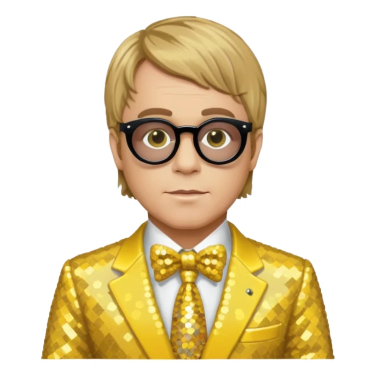 Elton John with dark blonde hair, yellow sequin suit sticker