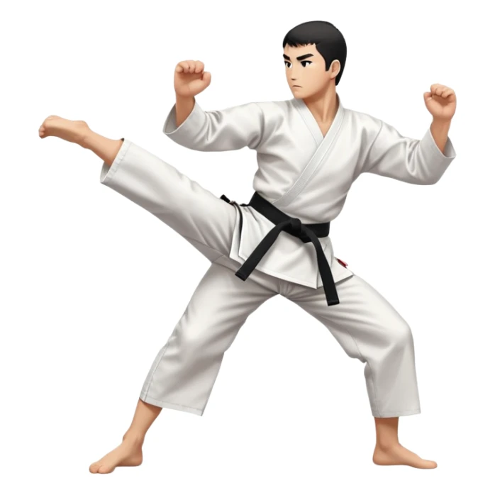 A disciplined karateka in white gi and black belt, performing a mid-side kick pose, calm facial expression with focused eyes, minimal but powerful, traditional Japanese dojo feel sticker