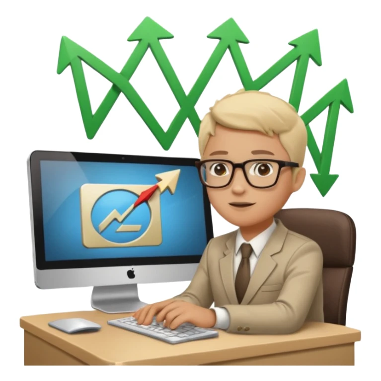 A person sitting at a desk working and looking at a computer with upward arrows and percentage signs, suggesting digital sales, marketing, or outreach. sticker