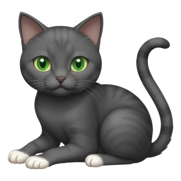 beautiful female solid dark grey cat with green eyes, white toes/paws and white patch on her chest playing sticker