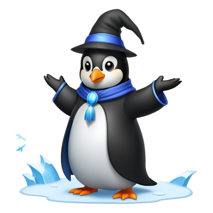 penguin wizard casting an ice spell with snowflakes and frost sticker
