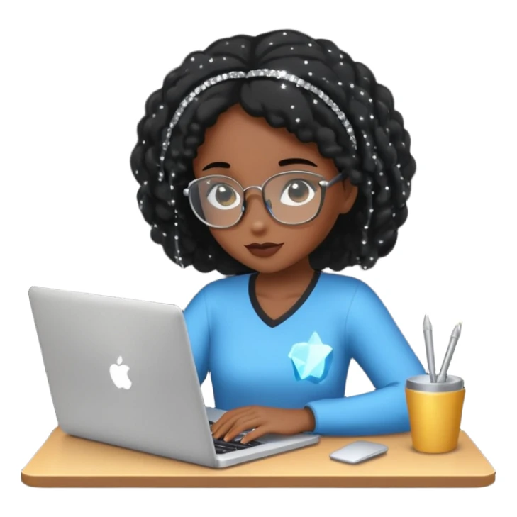 black pretty girl working hard with sparkles on laptop "Working hard ✨" spelled out in background sticker