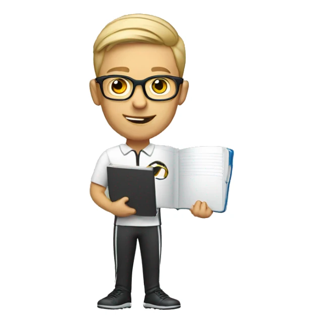 white young soccer coach with eyeglasses holding a notebook sticker